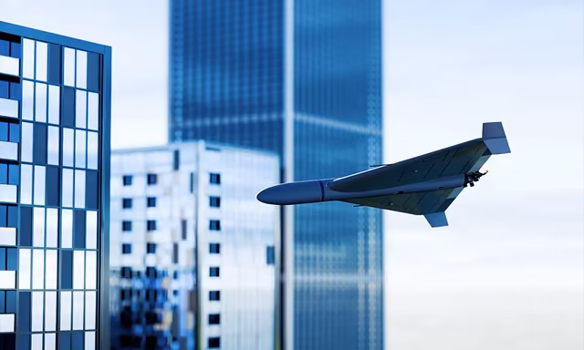 Drone entre immeubles, univers visuel CAP4LAND avec Qreative