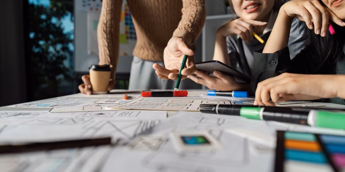 Équipe Qreative organisant les pages d’un site sur des wireframes