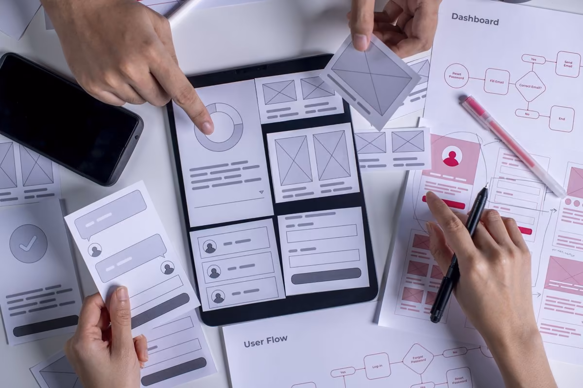 Hands arrange UX mock-ups, a key topic for Qreative