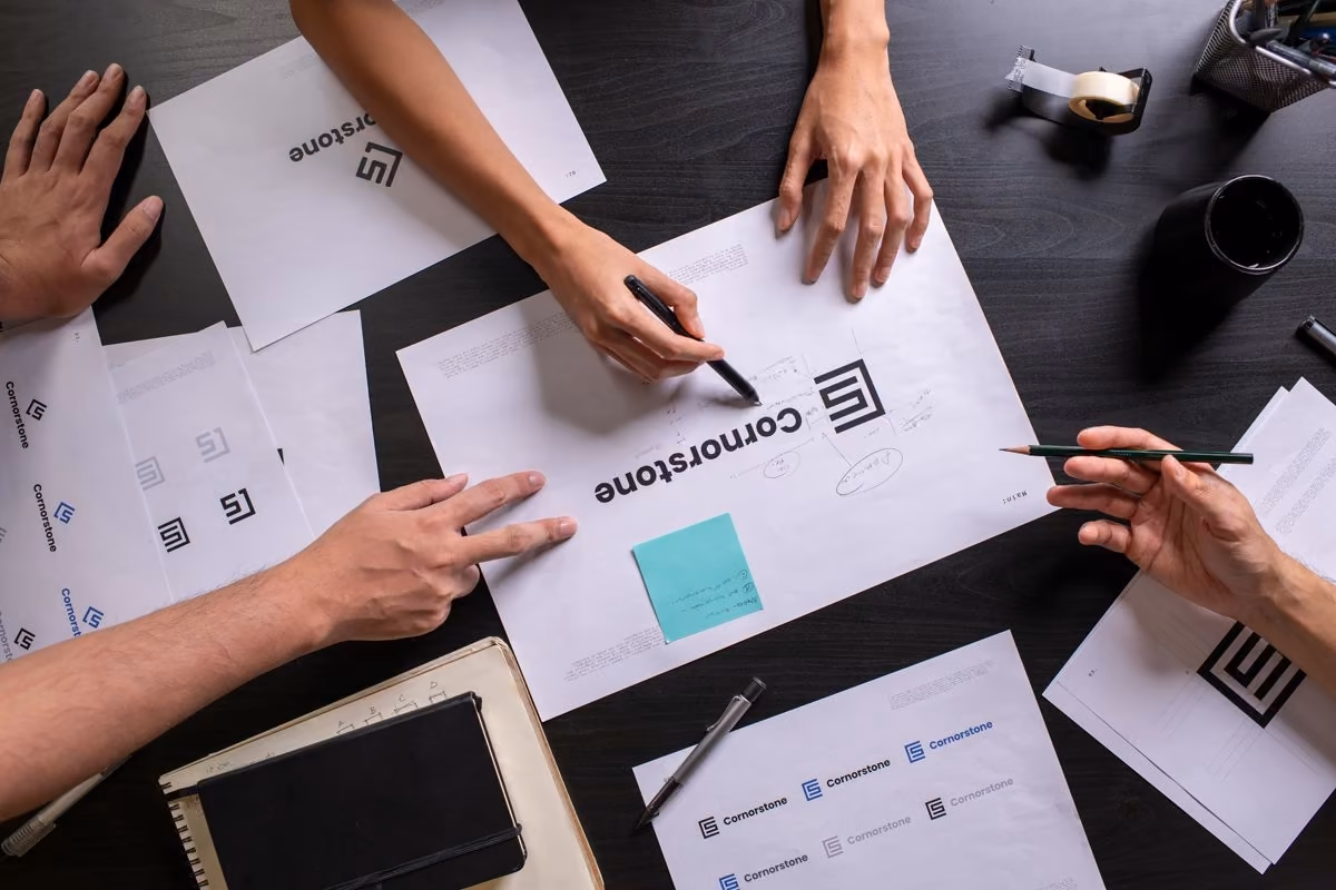 Hands annotating logo mock-ups: Qreative discusses strategy