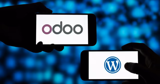 Odoo and WordPress logos compared on phones, analyzed by Qreative