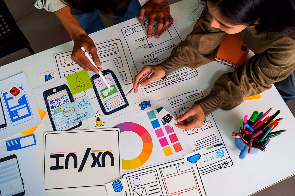 Qreative workshop with UX/UI mockups and color swatches